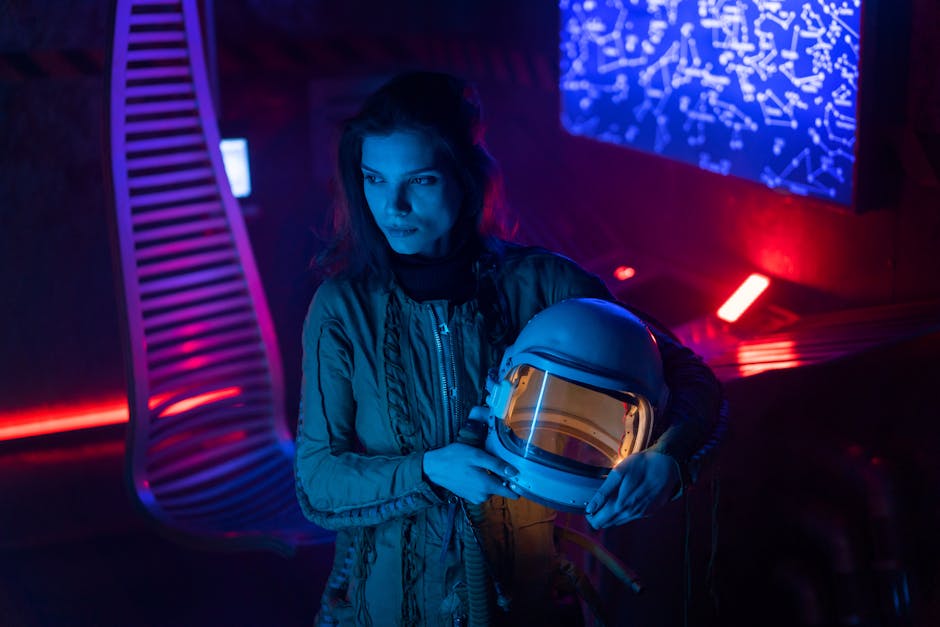 A futuristic woman in a dimly lit spaceship holding an astronaut helmet, surrounded by sci-fi elements.